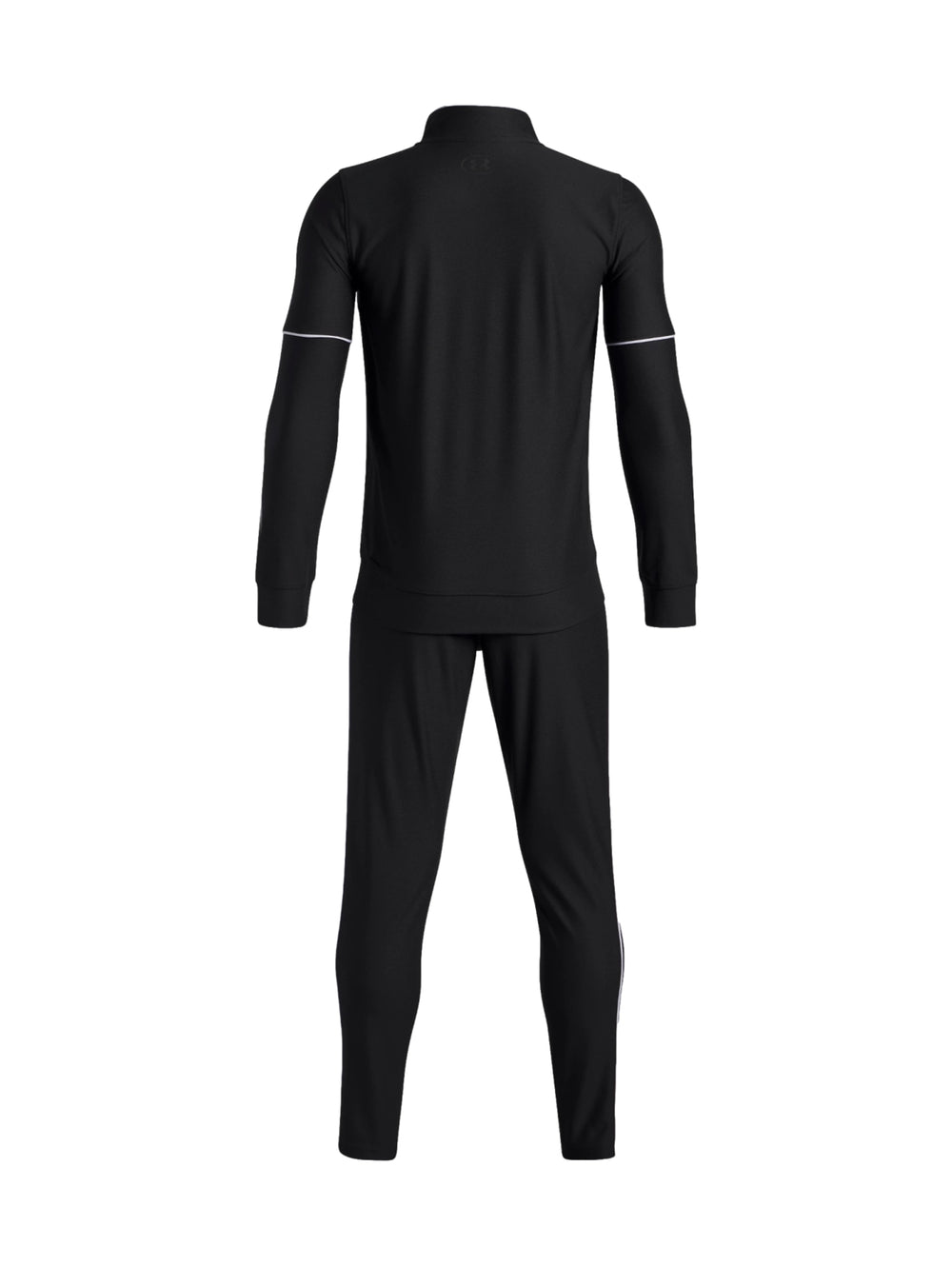 Conjunto deportivo Under Armour de dos piezas en color negro con detalles blancos, incluye chaqueta y pantalón.