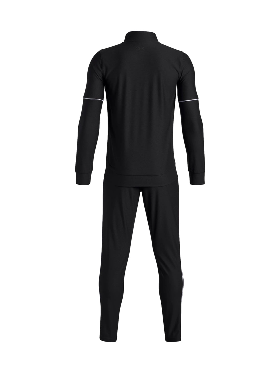 Conjunto deportivo Under Armour de dos piezas en color negro con detalles blancos, incluye chaqueta y pantalón.