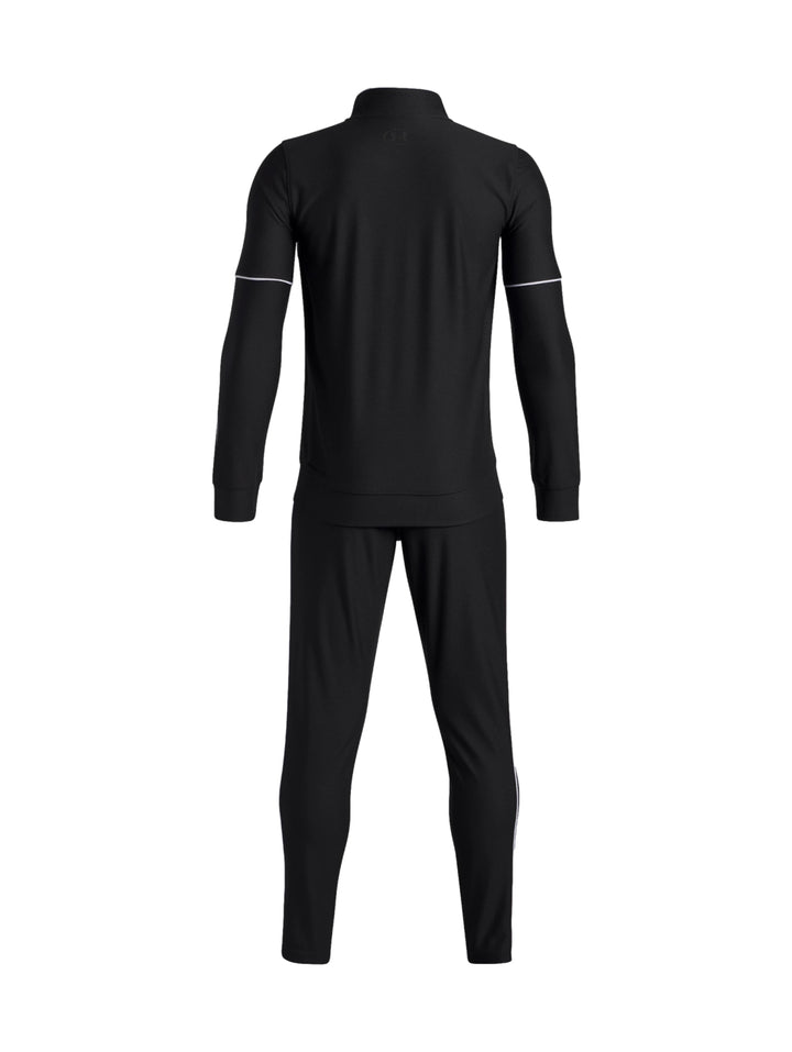 Conjunto deportivo Under Armour de dos piezas en color negro con detalles blancos, incluye chaqueta y pantalón.