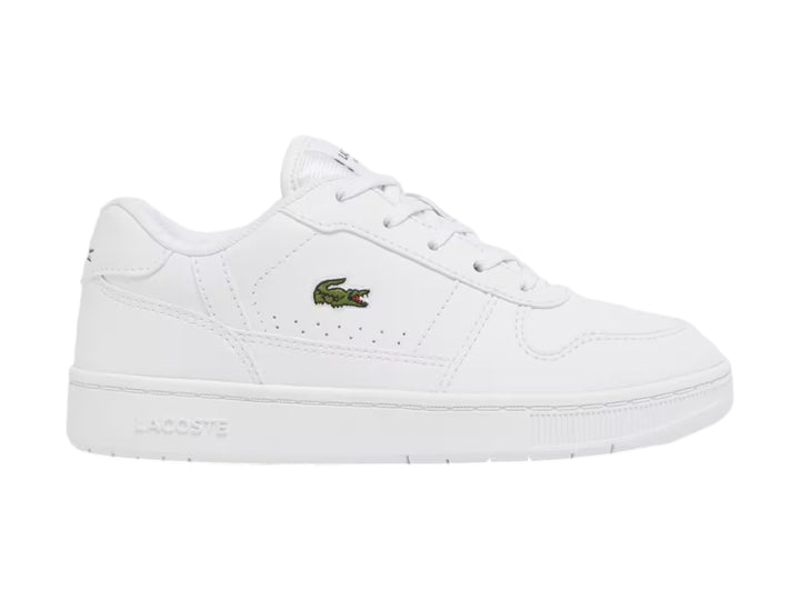Tenis blancos Lacoste con logotipo de cocodrilo verde en el lateral.