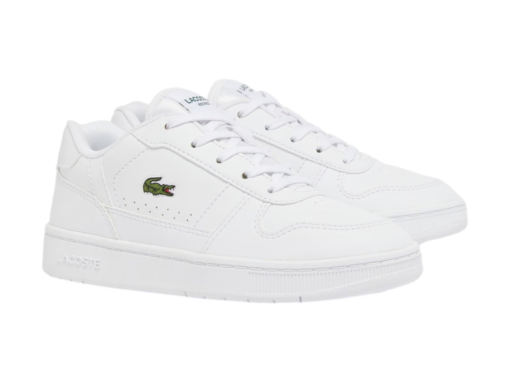 Tenis blancos Lacoste con logotipo de cocodrilo verde en el lateral.