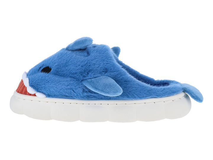 Pantufla azul cielo con diseño de tiburón y suela blanca gruesa.