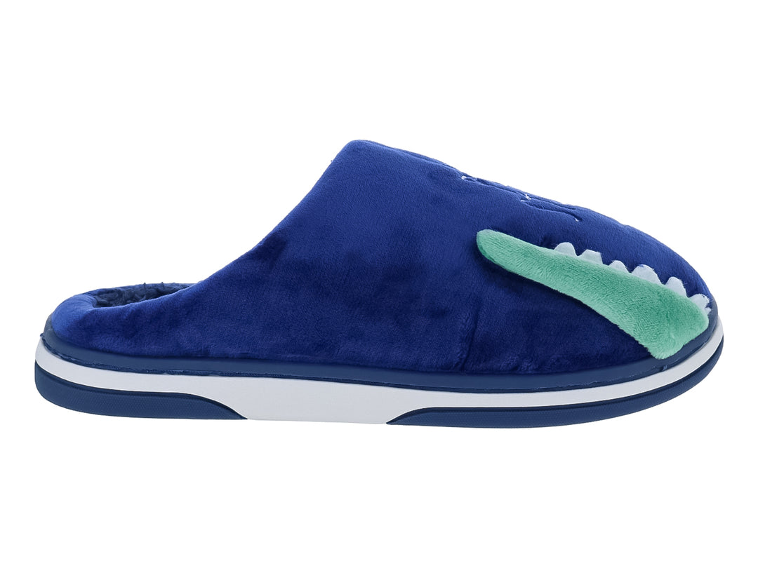 Pantufla de peluche azul marino con detalle decorativo verde y suela blanca.