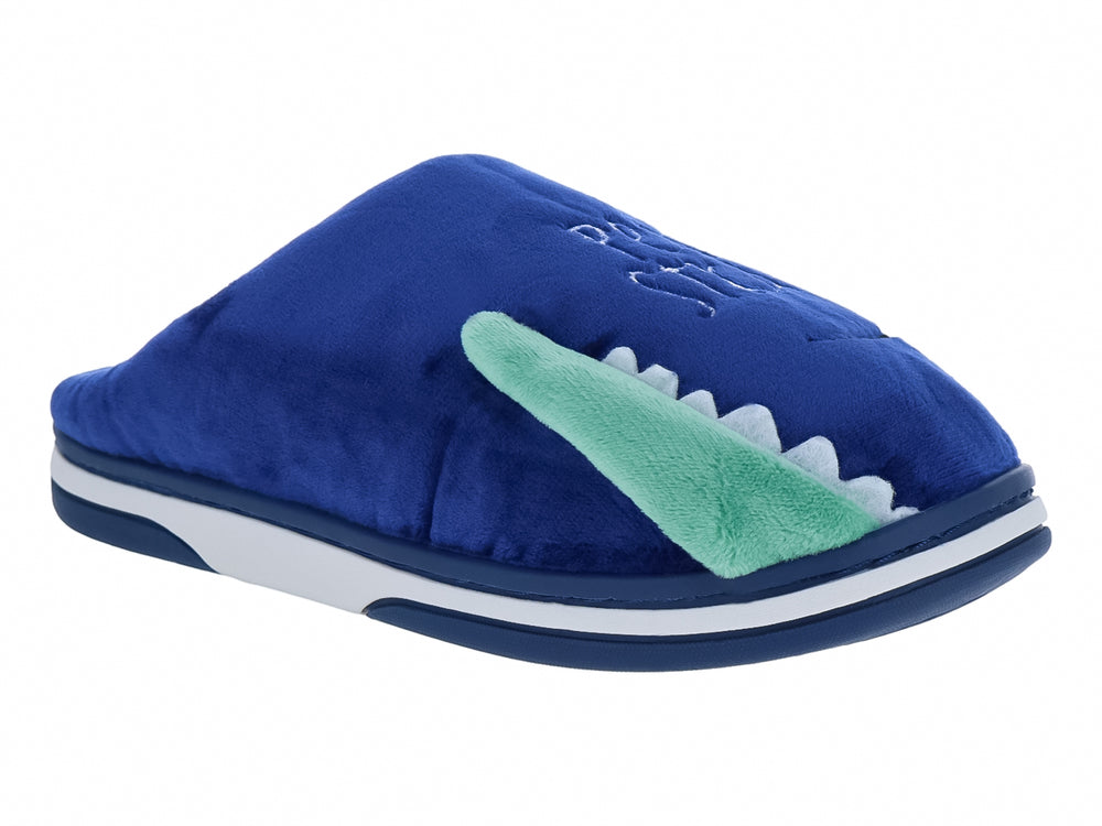 Pantufla de peluche azul marino con detalle decorativo verde y suela blanca.