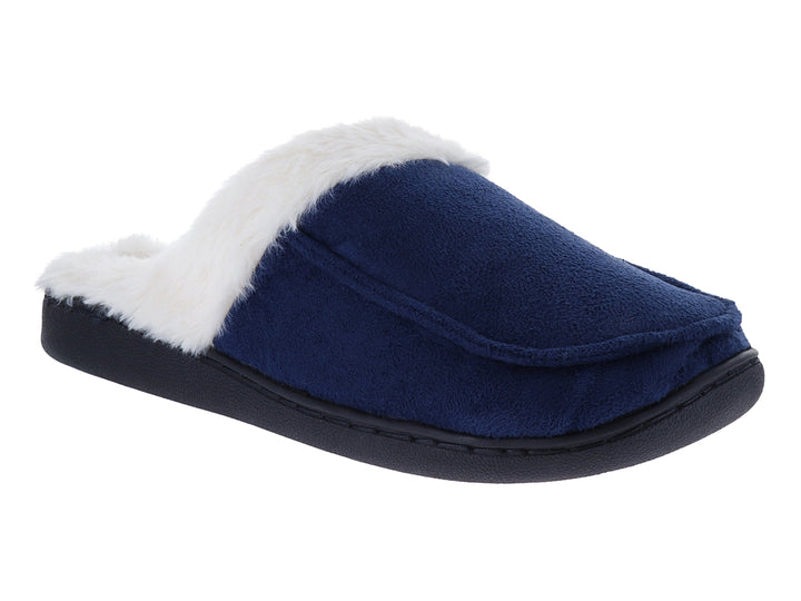 Pantufla color azul marino con forro interior de peluche blanco y suela oscura.