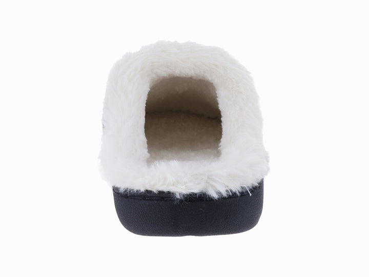 Pantufla color azul marino con forro interior de peluche blanco y suela oscura.