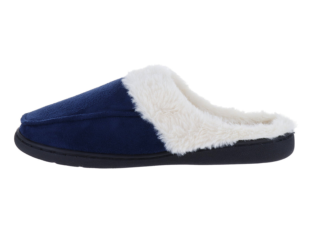 Pantufla color azul marino con forro interior de peluche blanco y suela oscura.