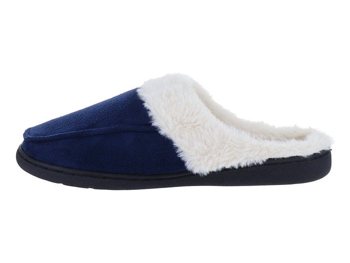 Pantufla color azul marino con forro interior de peluche blanco y suela oscura.