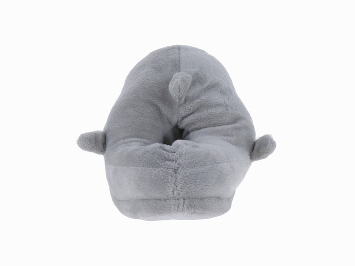 Pantufla gris con forma de tiburón con detalles de dientes rojos y ojos negros.