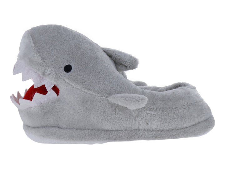 Pantufla gris con forma de tiburón con detalles de dientes rojos y ojos negros.
