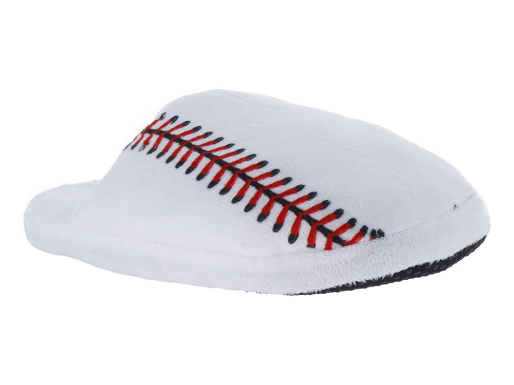 Pantufla color gris con diseño de costuras rojas simulando una pelota de béisbol.