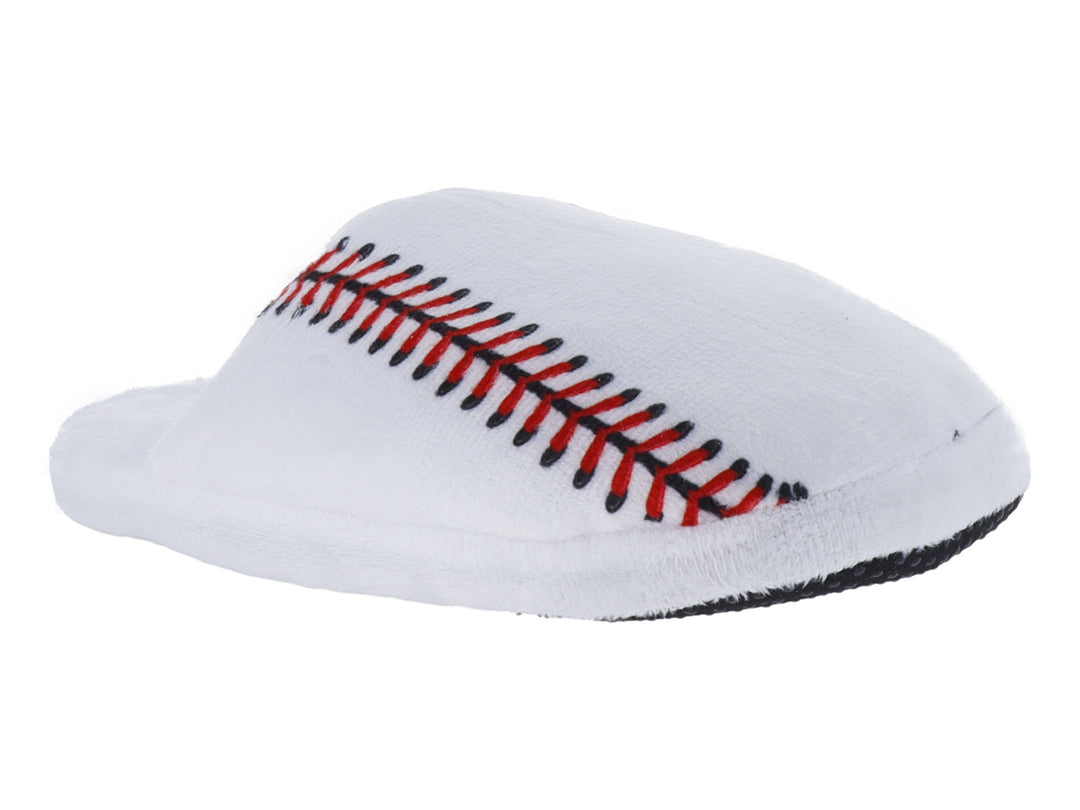Pantufla color gris con diseño de costuras rojas simulando una pelota de béisbol.