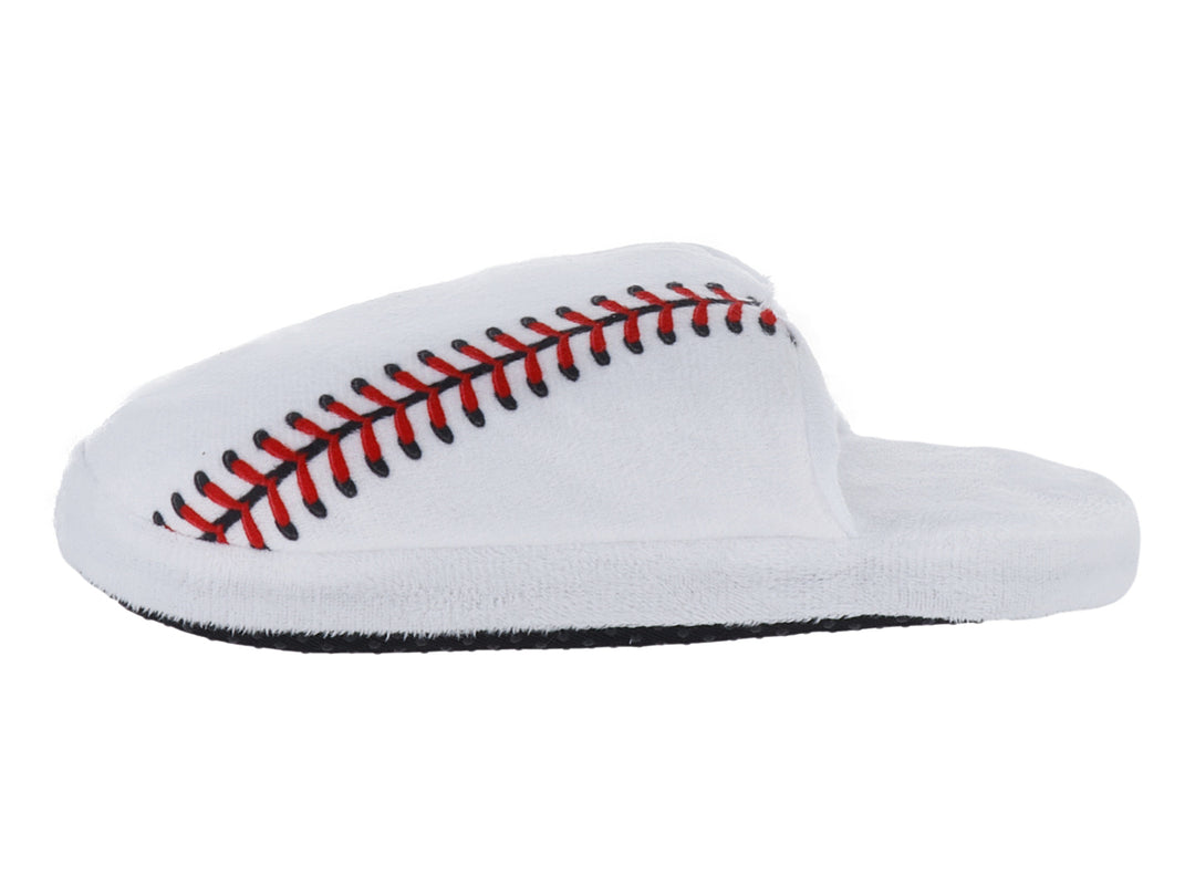 Pantufla color gris con diseño de costuras rojas simulando una pelota de béisbol.