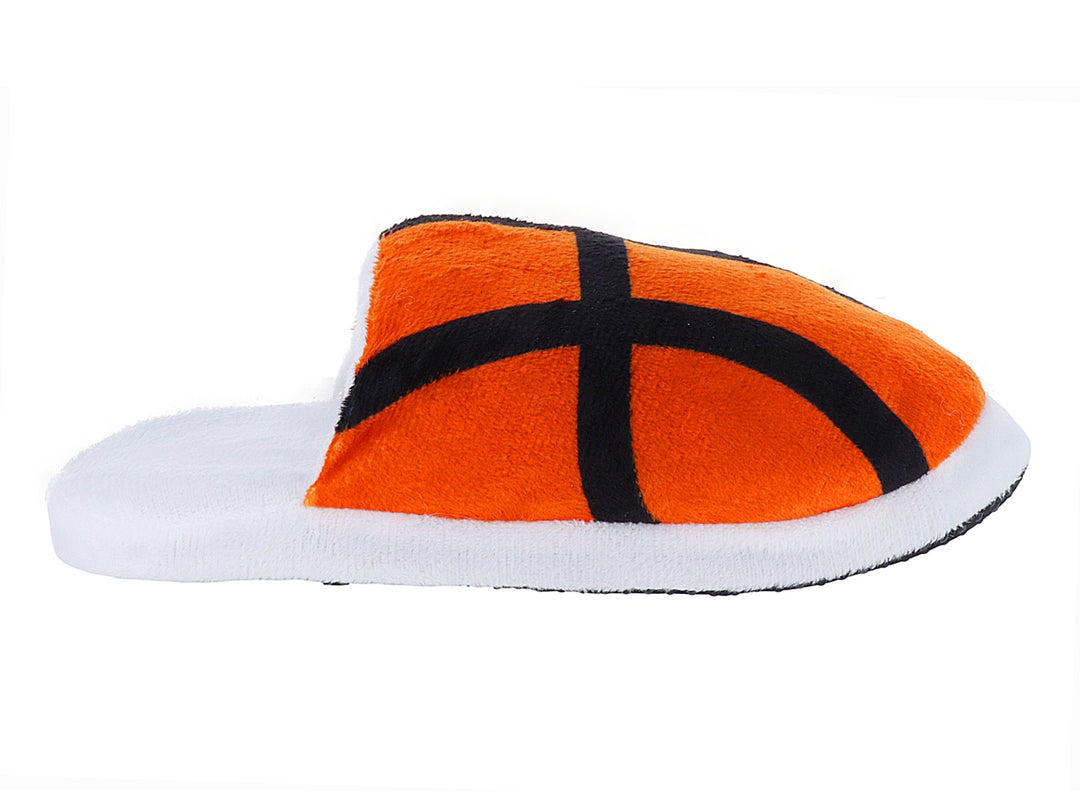 Pantufla con diseño de balón de baloncesto en color rojo y suela blanca.