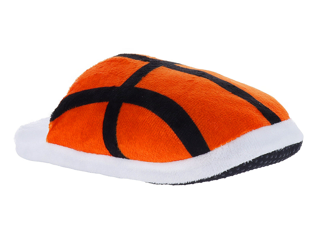 Pantufla con diseño de balón de baloncesto en color rojo y suela blanca.