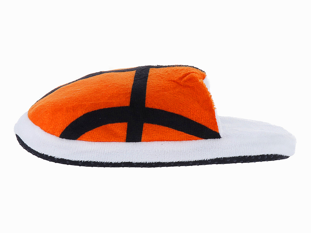 Pantufla con diseño de balón de baloncesto en color rojo y suela blanca.