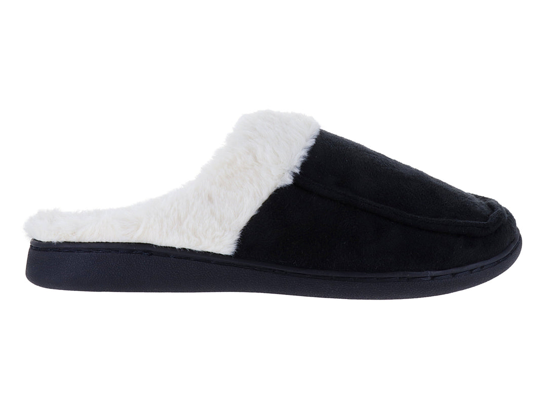 Pantufla negra con forro interior de peluche blanco