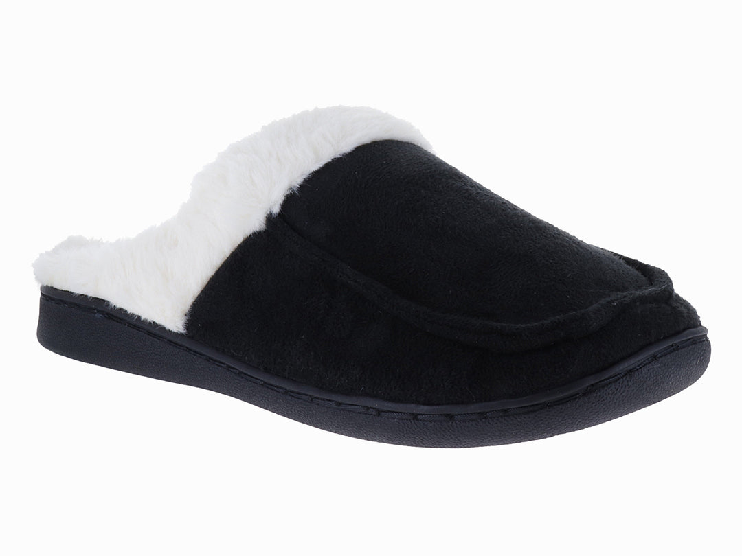 Pantufla negra con forro interior de peluche blanco