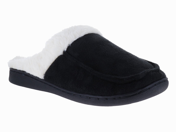 Pantufla negra con forro interior de peluche blanco