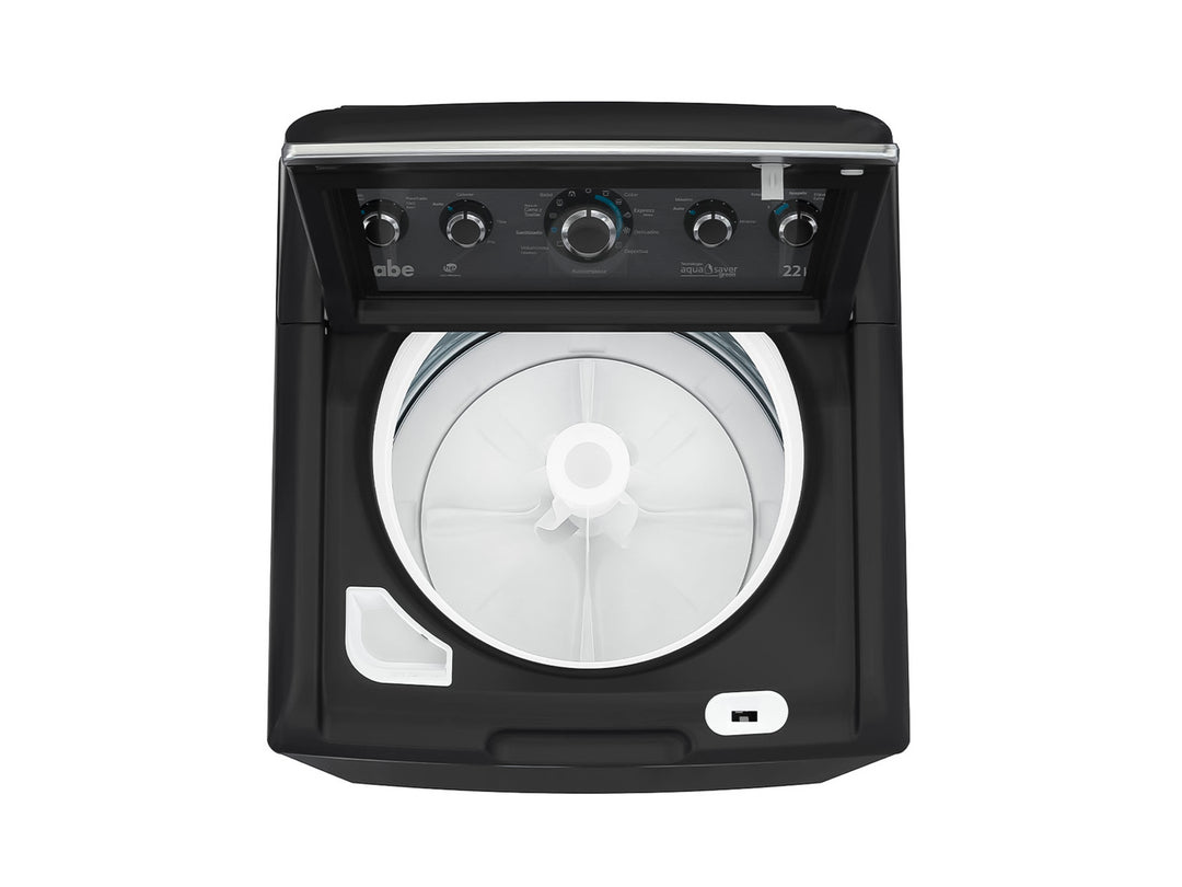 Lavadora Mabe de carga superior color gris oscuro Diamond Gray con panel de control superior.
