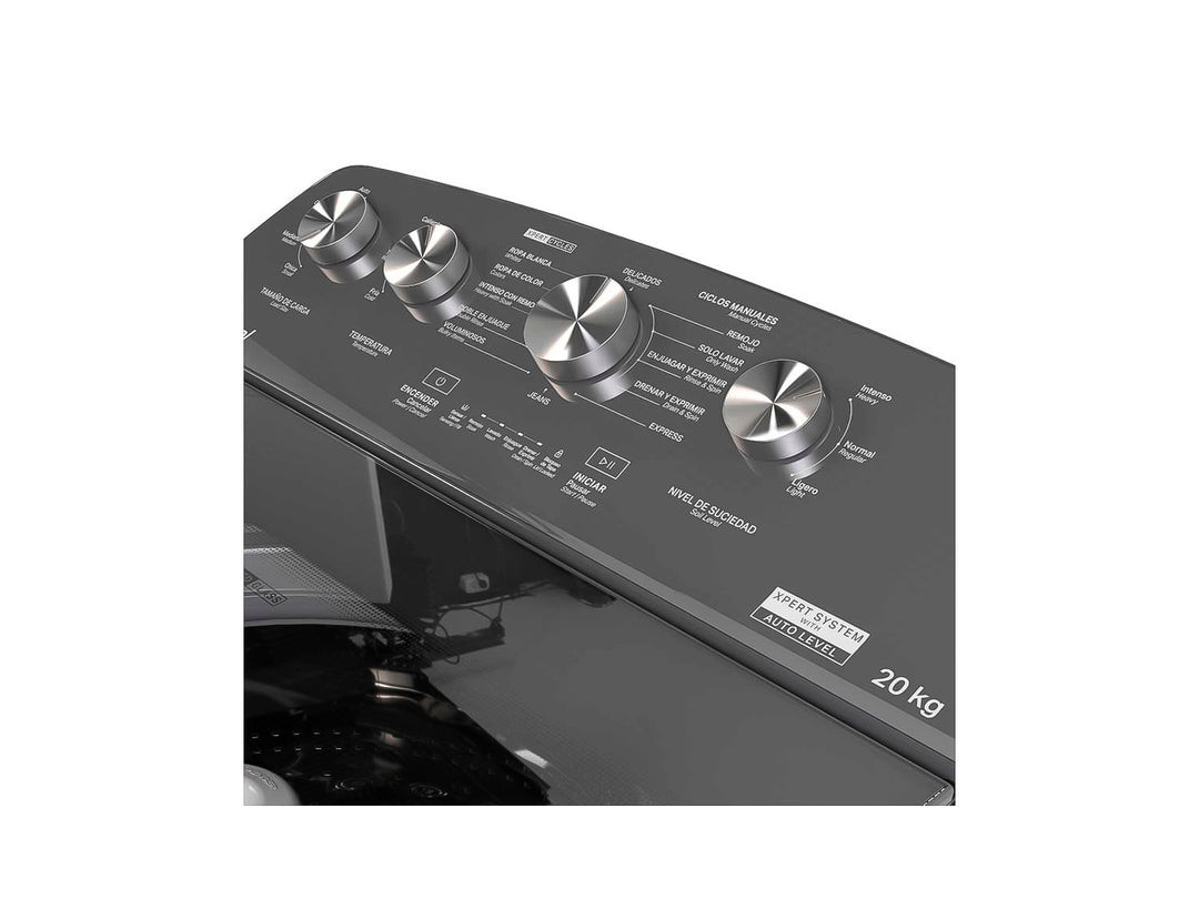 Lavadora Mabe de carga superior color gris oscuro Diamond Gray con panel de control superior.