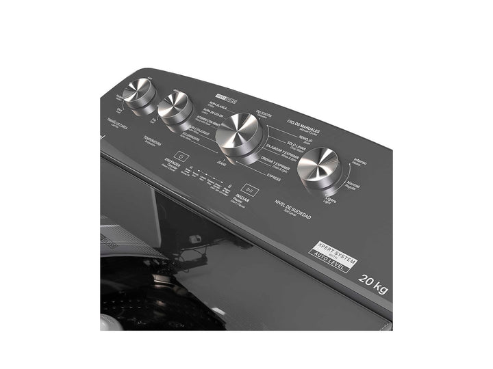 Lavadora Mabe de carga superior color gris oscuro Diamond Gray con panel de control superior.