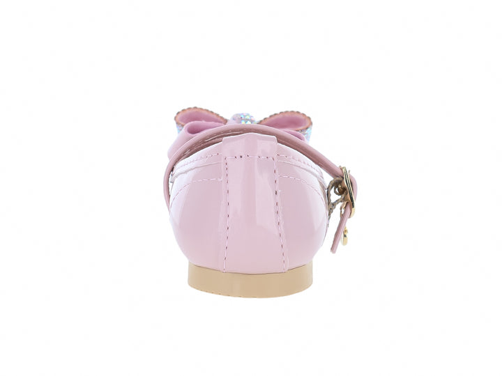 Zapato rosa tipo Mary Jane para niña con moño decorado con brillantes y correa con hebilla dorada.