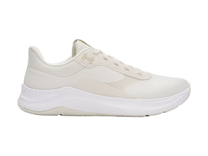 Tenis deportivos Under Armour color blanco con suela blanca y diseño minimalista.