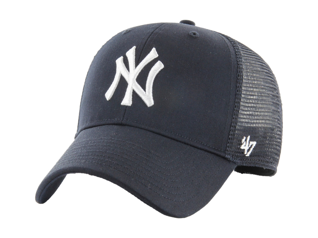 Gorra de béisbol azul marino con logo blanco de los New York Yankees y parte trasera de malla.