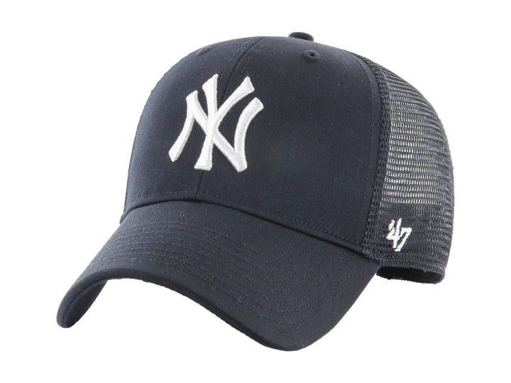 Gorra de béisbol azul marino con logo blanco de los New York Yankees y parte trasera de malla.