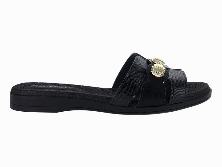 Sandalia slide color negro con un detalle decorativo dorado en la correa.