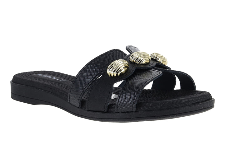 Sandalia slide color negro con un detalle decorativo dorado en la correa.