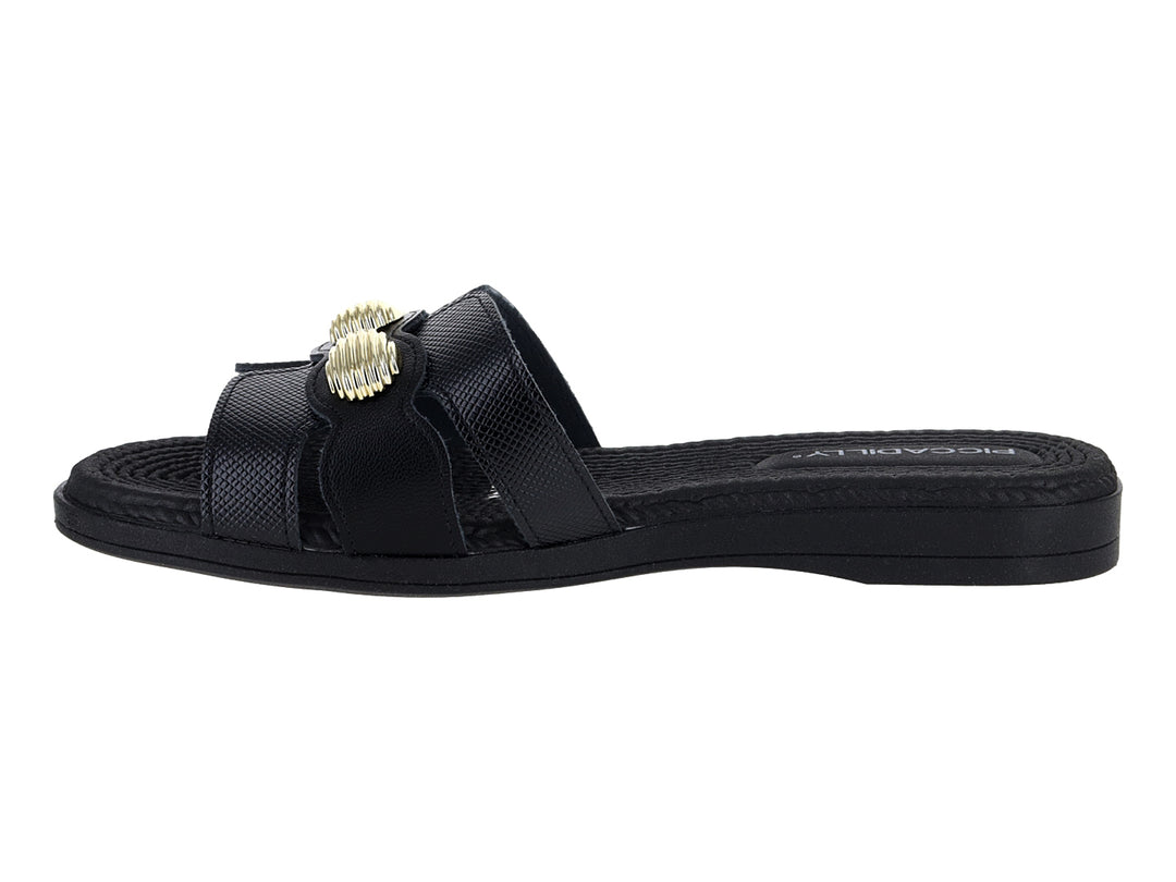 Sandalia slide color negro con un detalle decorativo dorado en la correa.