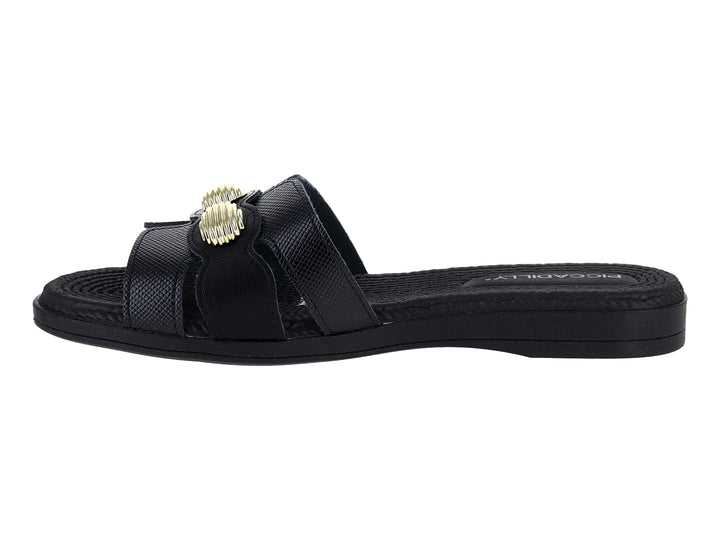 Sandalia slide color negro con un detalle decorativo dorado en la correa.
