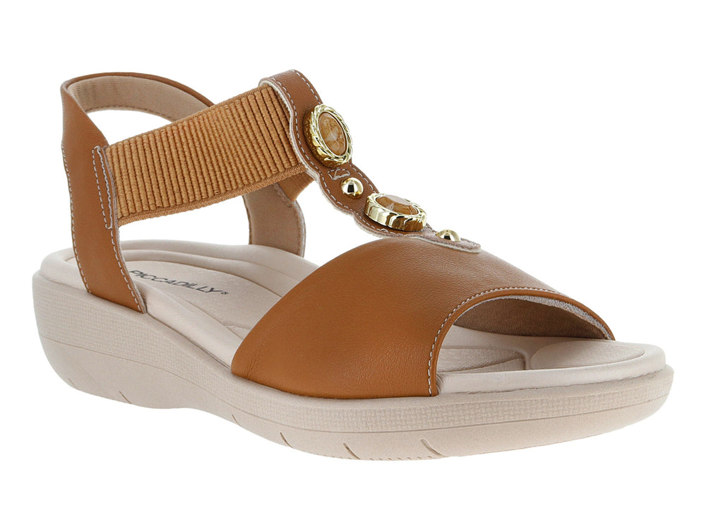 Sandalia Piccadilly color marrón con suela beige y detalles dorados.
