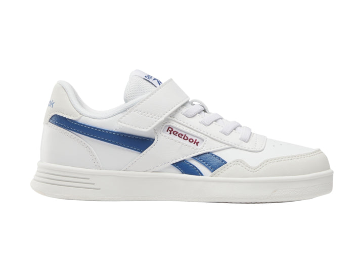 Tenis Reebok blancos con detalles en azul, cierre de velcro y agujetas.