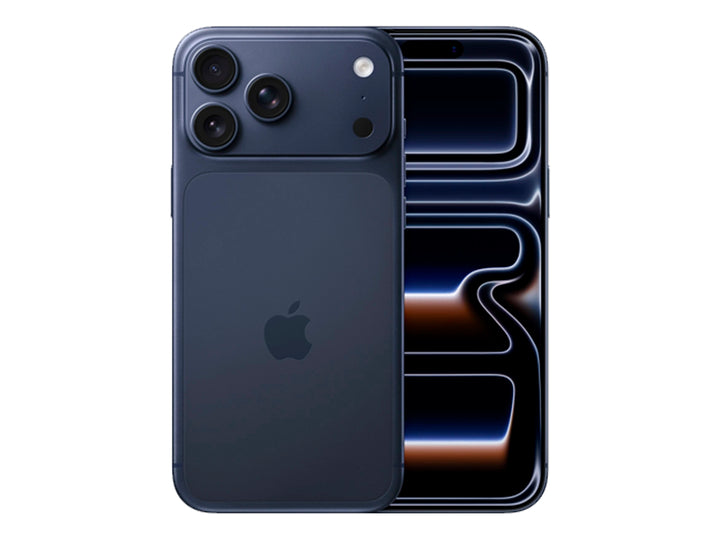 iPhone 17 Pro Max en color azul, vista posterior y frontal sobre fondo blanco.