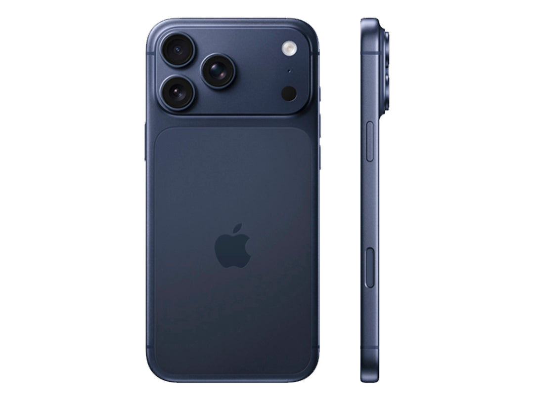 iPhone 17 Pro Max en color azul, vista posterior y frontal sobre fondo blanco.