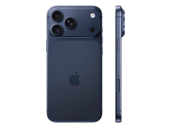 iPhone 17 Pro Max en color azul, vista posterior y frontal sobre fondo blanco.