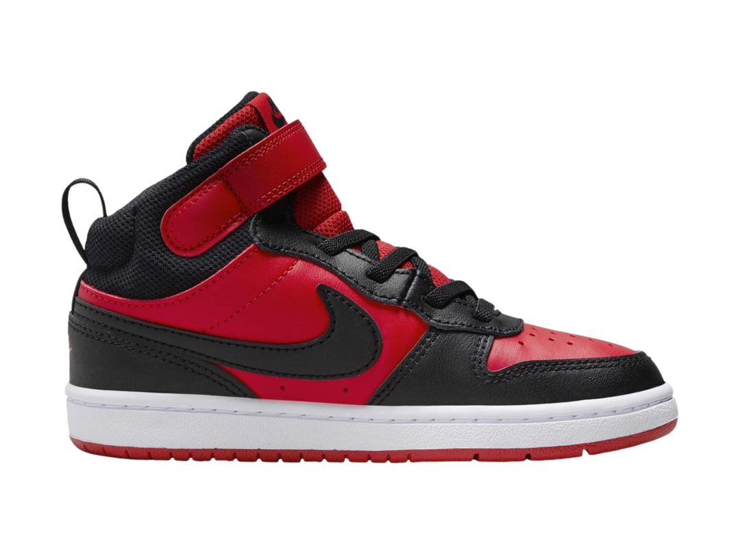 Tenis Nike Court Borough Mid 2 para niño en colores rojo, negro y blanco con correa de ajuste.