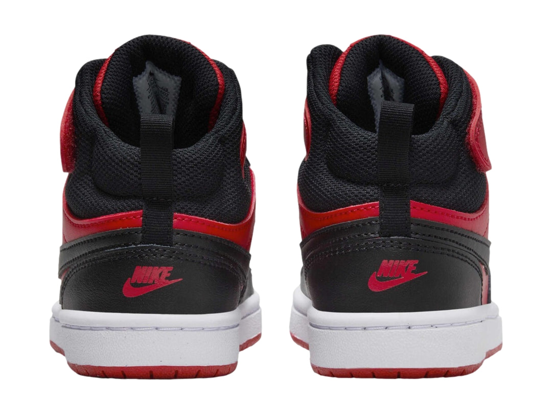 Tenis Nike Court Borough Mid 2 para niño en colores rojo, negro y blanco con correa de ajuste.