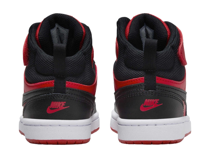 Tenis Nike Court Borough Mid 2 para niño en colores rojo, negro y blanco con correa de ajuste.