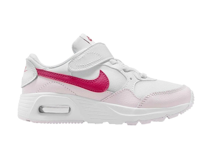 Tenis Nike Air Max SC para niño o niña en color blanco con detalles en rosa y violeta, cierre de velcro.
