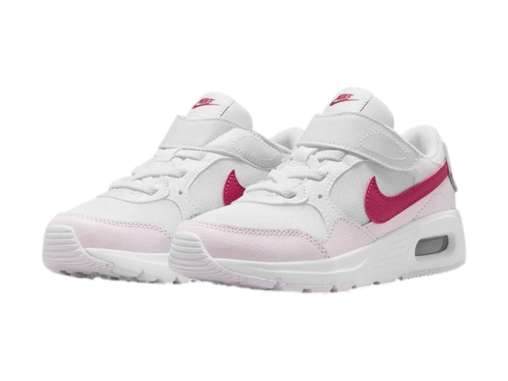 Tenis Nike Air Max SC para niño o niña en color blanco con detalles en rosa y violeta, cierre de velcro.