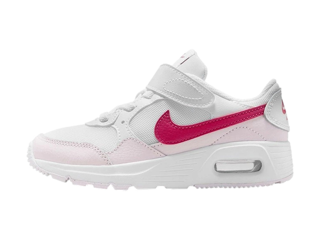 Tenis Nike Air Max SC para niño o niña en color blanco con detalles en rosa y violeta, cierre de velcro.