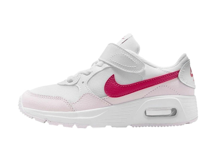 Tenis Nike Air Max SC para niño o niña en color blanco con detalles en rosa y violeta, cierre de velcro.