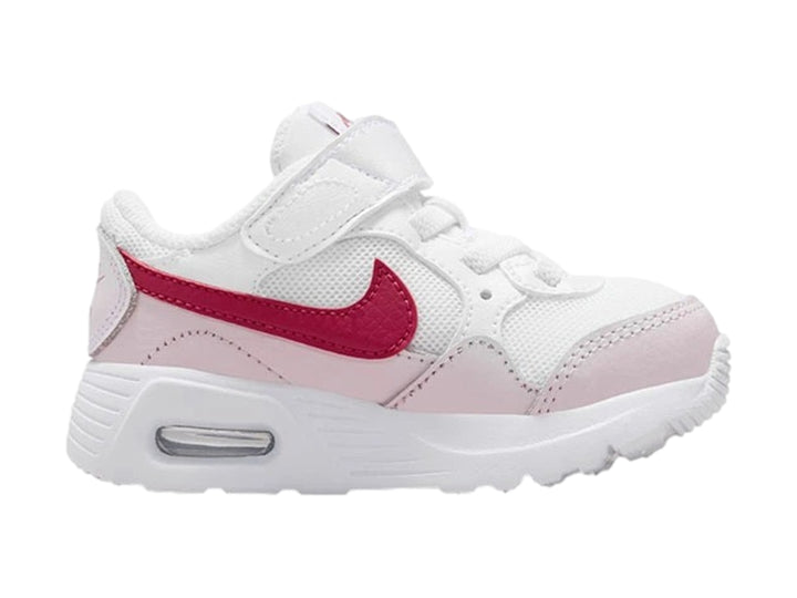 Tenis Nike Air Max SC para bebé en color blanco con detalles en rosa y violeta.