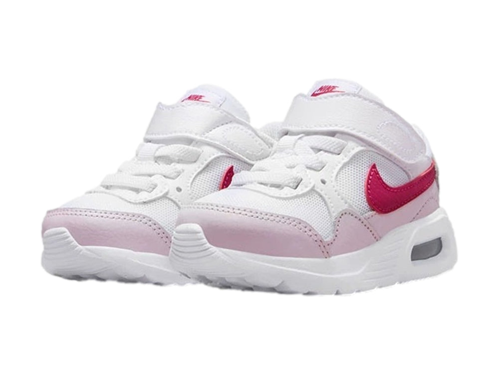 Tenis Nike Air Max SC para bebé en color blanco con detalles en rosa y violeta.