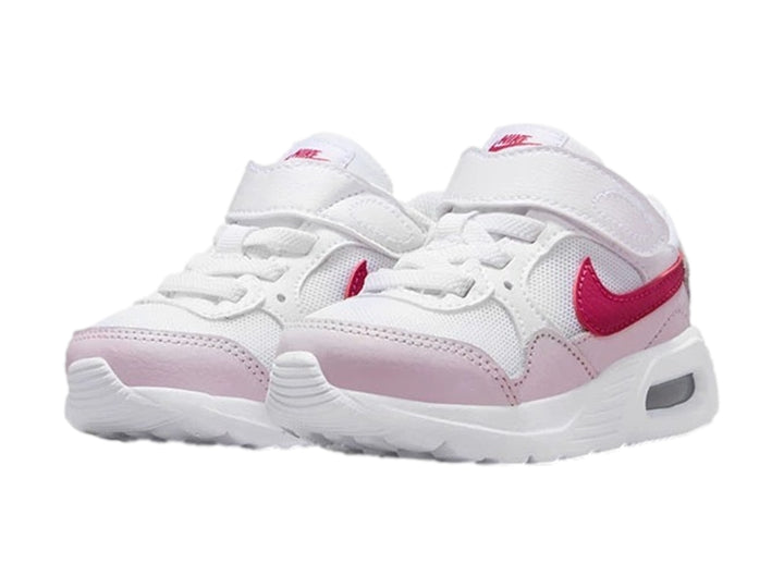 Tenis Nike Air Max SC para bebé en color blanco con detalles en rosa y violeta.