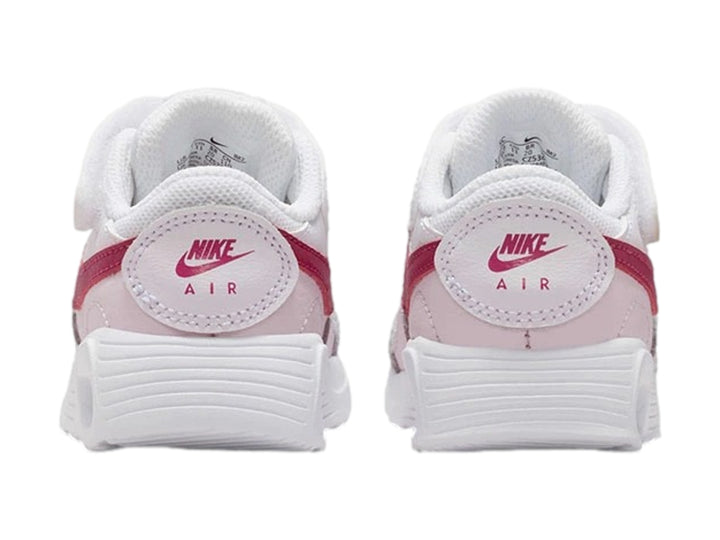 Tenis Nike Air Max SC para bebé en color blanco con detalles en rosa y violeta.